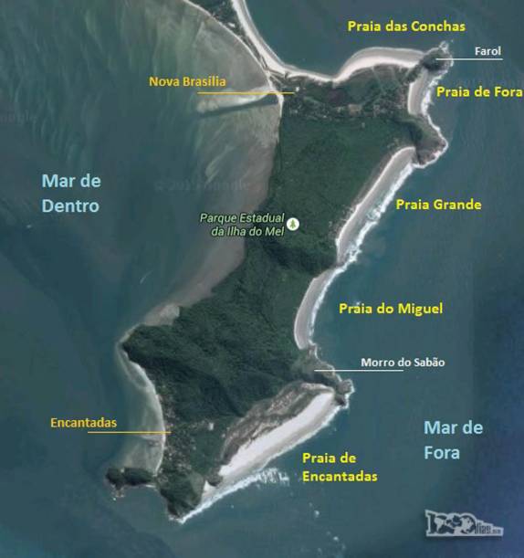 Mapa da parte sul da Ilha do Mel, com suas praias e vilas. Nós ficamos próximos ao Farol e fomos caminhando pelas praias até Encantadas